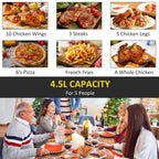 Black air fryer with glossy top and basket handle, shown for family-sized capacity