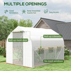White walk-in polytunnel greenhouse with roll-up mesh door and mesh window panels