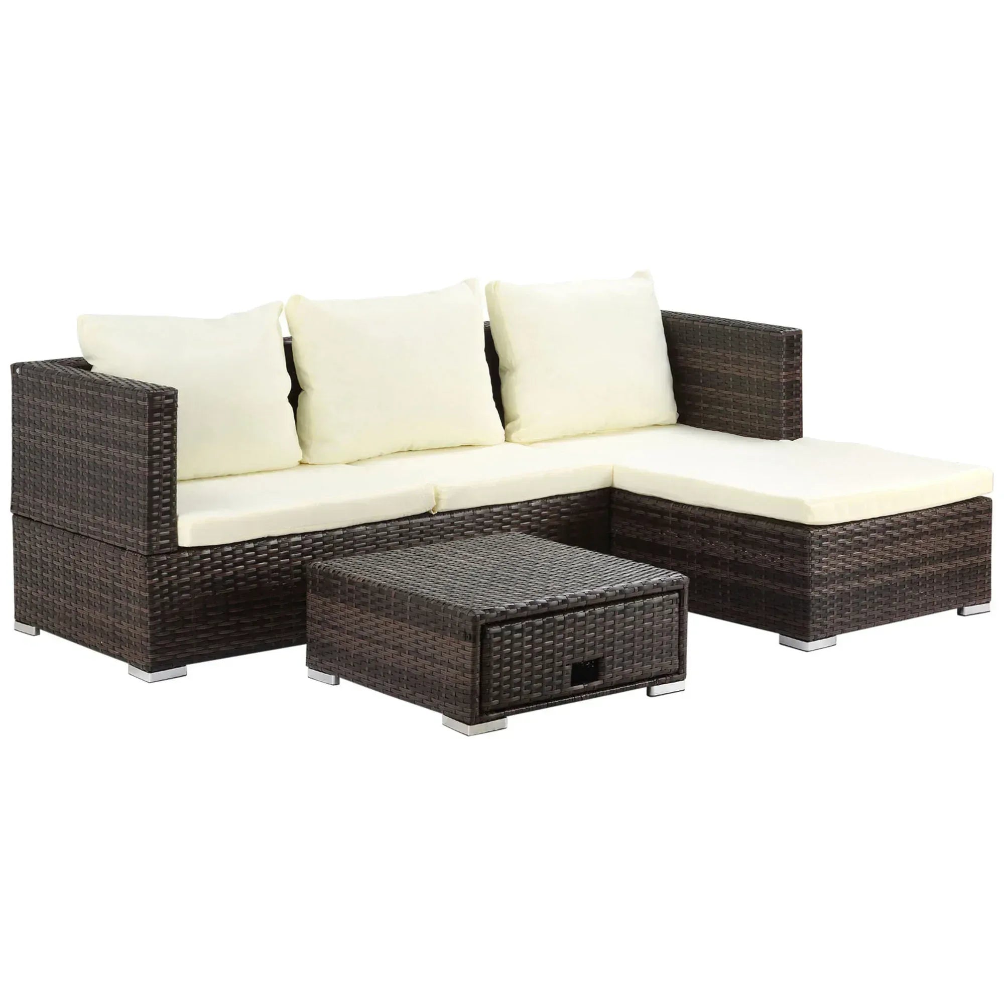 3 Pieces Rattan Garden Furniture Sofa Set, 4 Seater Garden Corner Sofa with 5-Level Reclining Sun Lounger and Storage Coffee Table, Outdoor Furniture Conservatory Set with Cushions, Brown - Bobobiy