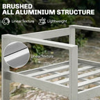 Brushed aluminium arm frame detail with dark grey seat cushion on garden sofa