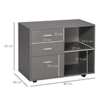 Grey printer stand storage cabinet with 3 drawers, open shelves, and caster wheels.