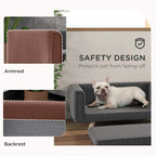 Grey elevated dog sofa bed with safety side arms and backrest, dog resting on it