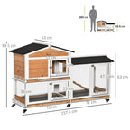 2-tier rabbit hutch with run, white mesh and wood, black roof, size diagram overlay