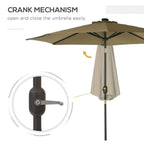Brown patio umbrella with tilt crank mechanism on the center pole, open canopy