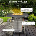 Grey rattan gas fire pit table with open lid, flames, and propane control regulator