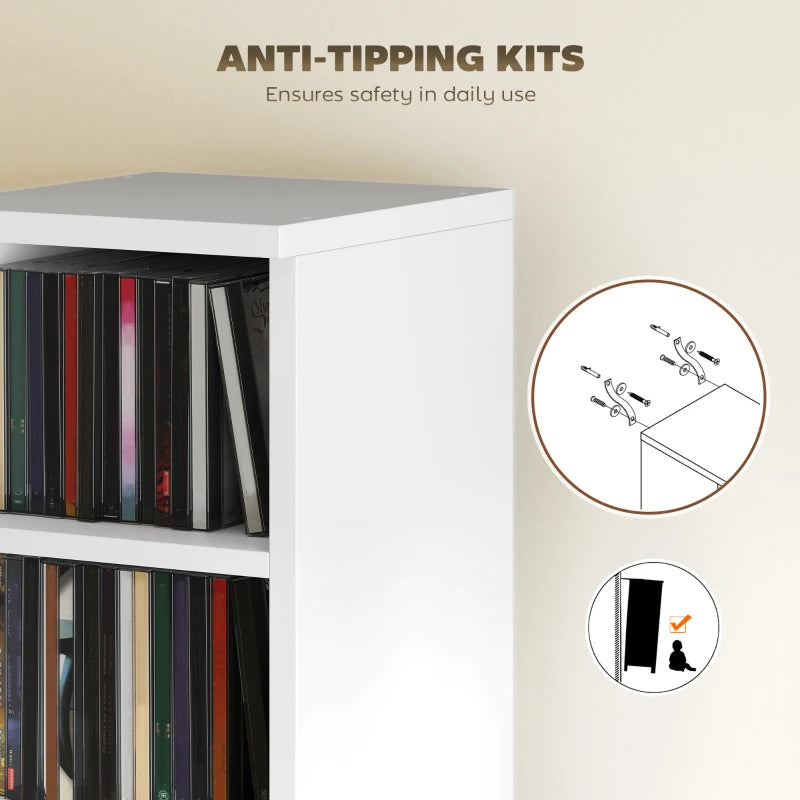 White CD media storage tower with anti-tipping kit hardware on top