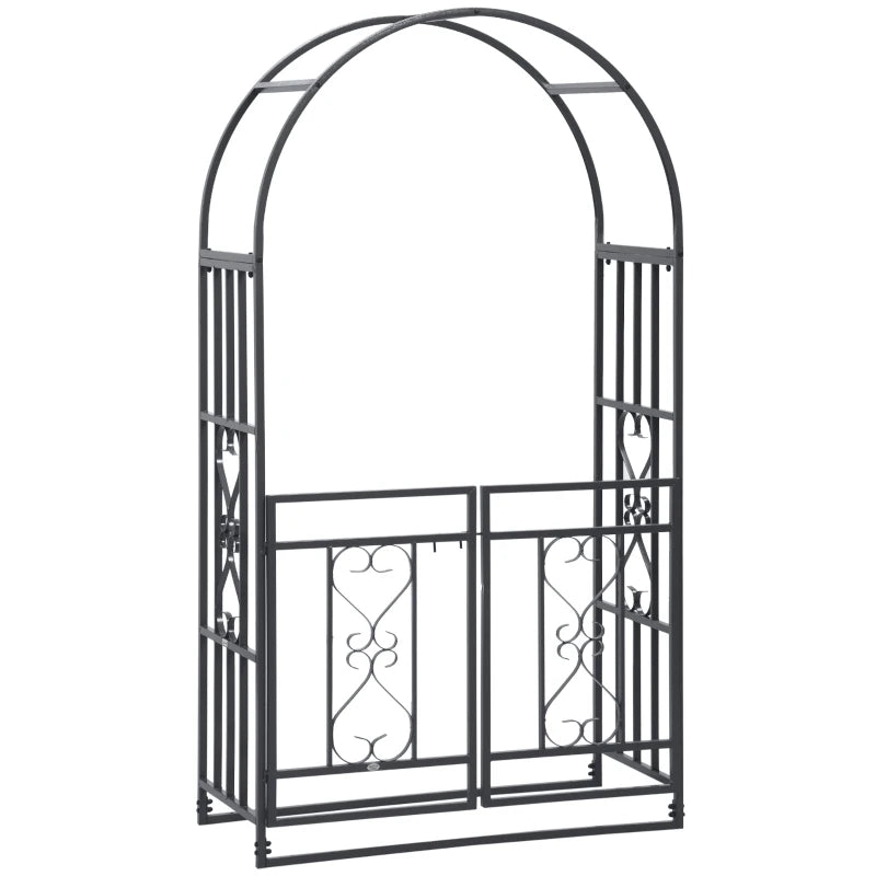 Dark grey metal garden arch with double gates and decorative scroll panel inserts