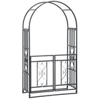 Dark grey metal garden arch with double gates and decorative scroll panel inserts