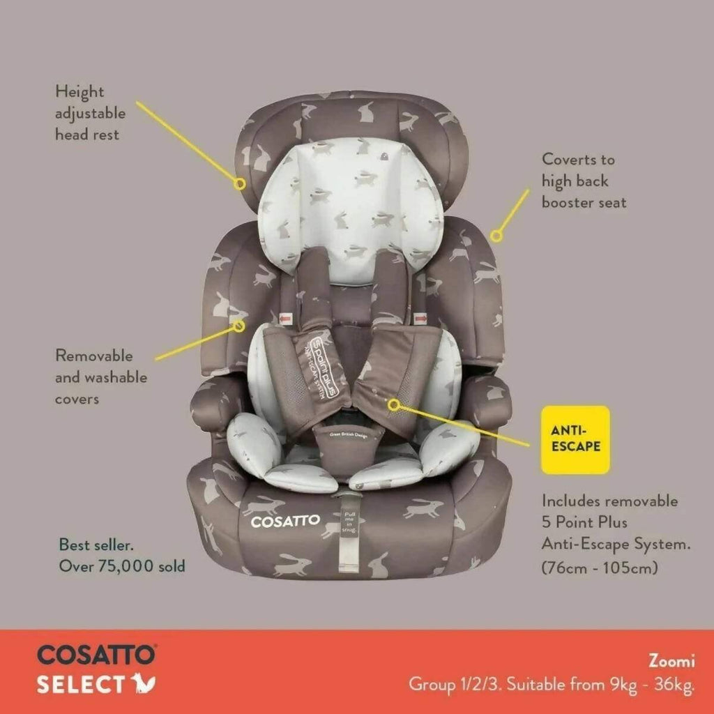 Brown car seat with white animal print, high back booster shape with removable padded covers