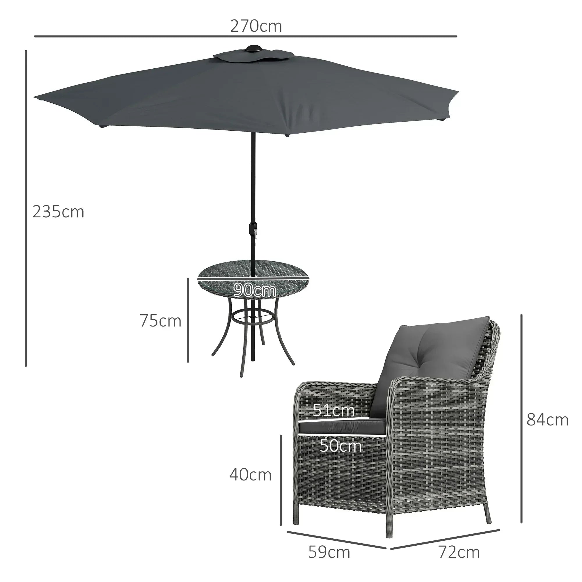 4 Seater Rattan Dining Set with Parasol & Cushions - Mixed Grey - Bobobiy