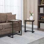 Dark brown square side table with black C-shaped steel legs