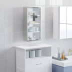 Wall-mounted stainless medicine cabinet with frosted glass door showing 4 interior shelves