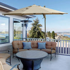 Khaki hanging umbrella over outdoor seating, raised on central pole