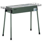 Green portable charcoal BBQ grill with cooking grate and wire shelf on legs