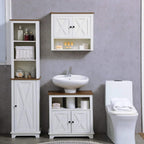 White wall-mounted bathroom cabinet with wood top, X-pattern doors, black knobs, open shelves