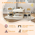 Kids table and chairs set with blackboard top, open shelves, and storage drawers