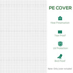 White PE greenhouse cover with icons for heat retention, tear resistance, and UV protection