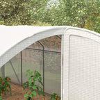 Close-up of white arched greenhouse side wall with mesh cover and steel frame