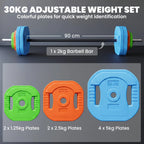Multicolour adjustable barbell weight set with black bar and green/orange/blue plates