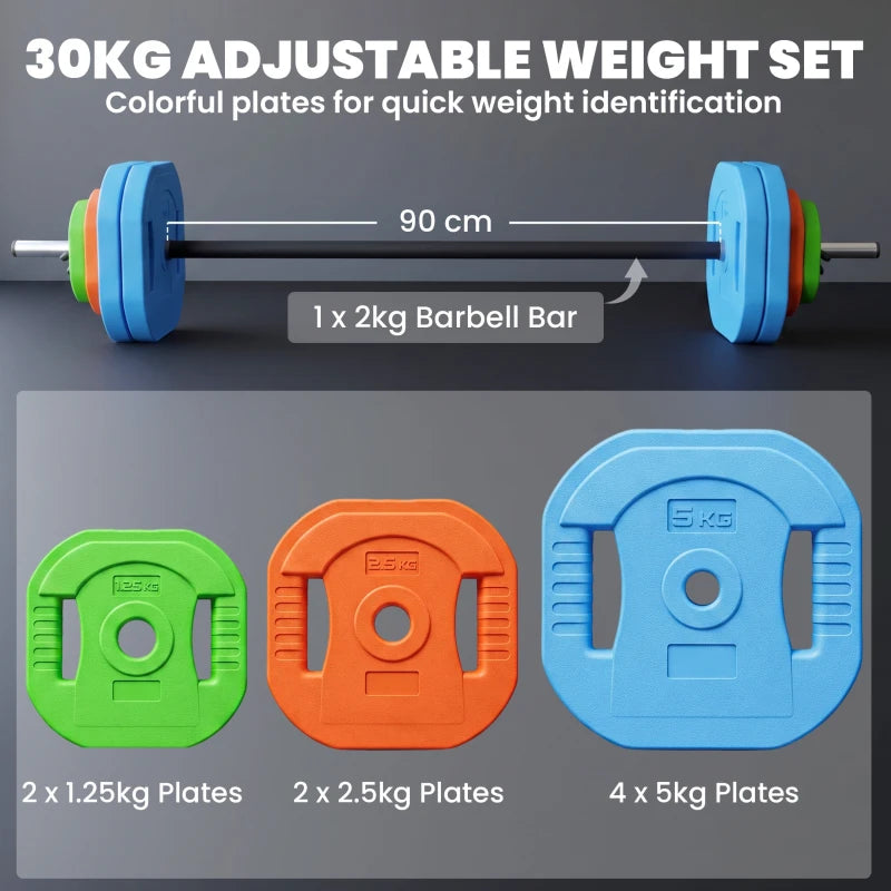 Multicolour adjustable barbell weight set with black bar and green/orange/blue plates