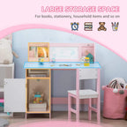 Kids desk and chair set with pink storage base, whiteboard panel and chair