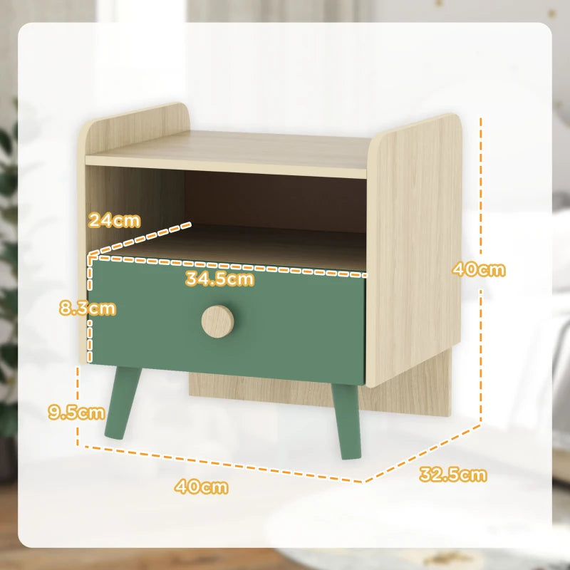 Kids bedside table with open top shelf, green drawer front, light wood sides