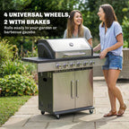 Silver BBQ grill on wheels with brakes, open lid and six burner control knobs