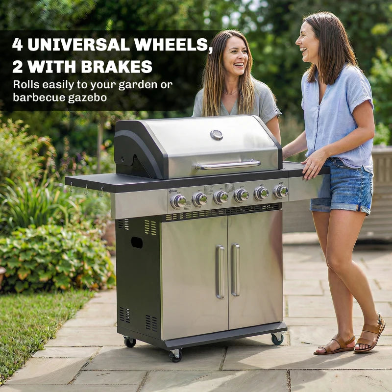 Silver BBQ grill on wheels with brakes, open lid and six burner control knobs