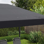 Black pop-up gazebo canopy close-up with ventilation grommets on top panel