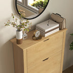 Natural wood shoe cabinet top surface with drawers and storage for bags and small decor