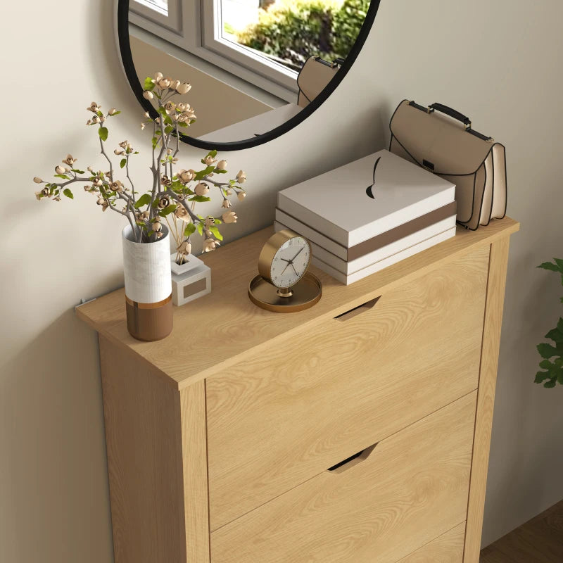 Natural wood shoe cabinet top surface with drawers and storage for bags and small decor