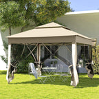 Cream white pop-up canopy gazebo with open sides and draped mosquito-netting panels
