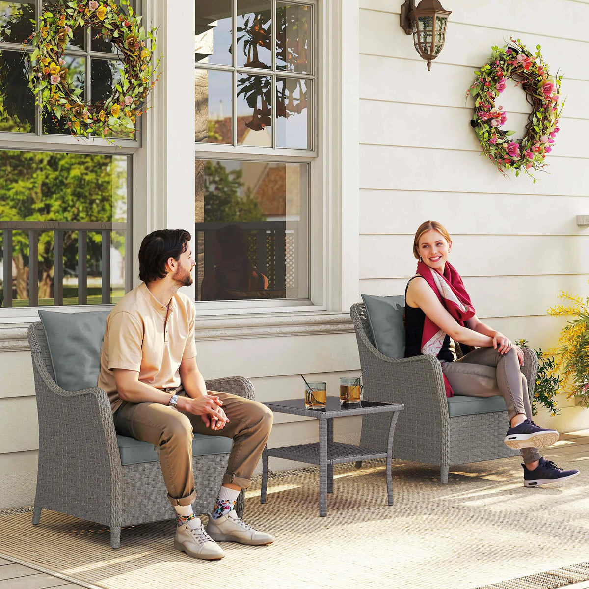 Outsunny Rattan Garden Chairs Set of 2, Outdoor Rattan Chairs with Cushions, Armrests and High Back, PE Wicker Garden