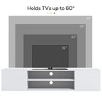 White floating TV cabinet designed to hold TVs up to 60 inches with open shelves