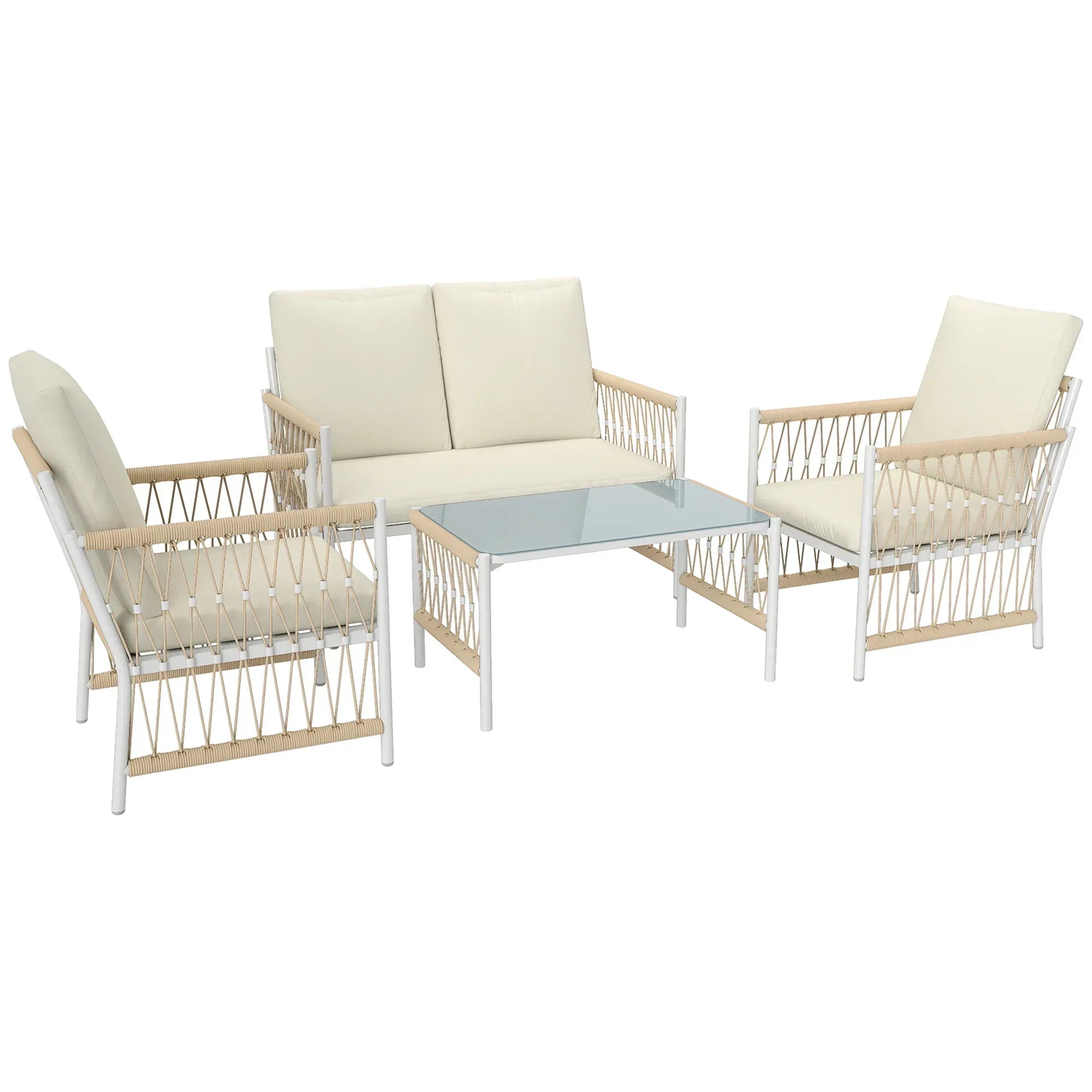 4 Piece Rattan Garden Furniture Set, 4 Seater Wicker Patio Conversation Set with 2 Armchairs, Loveseat, Glass Top Coffee Table and Cushions for Outdoor, Balcony, Khaki - Bobobiy