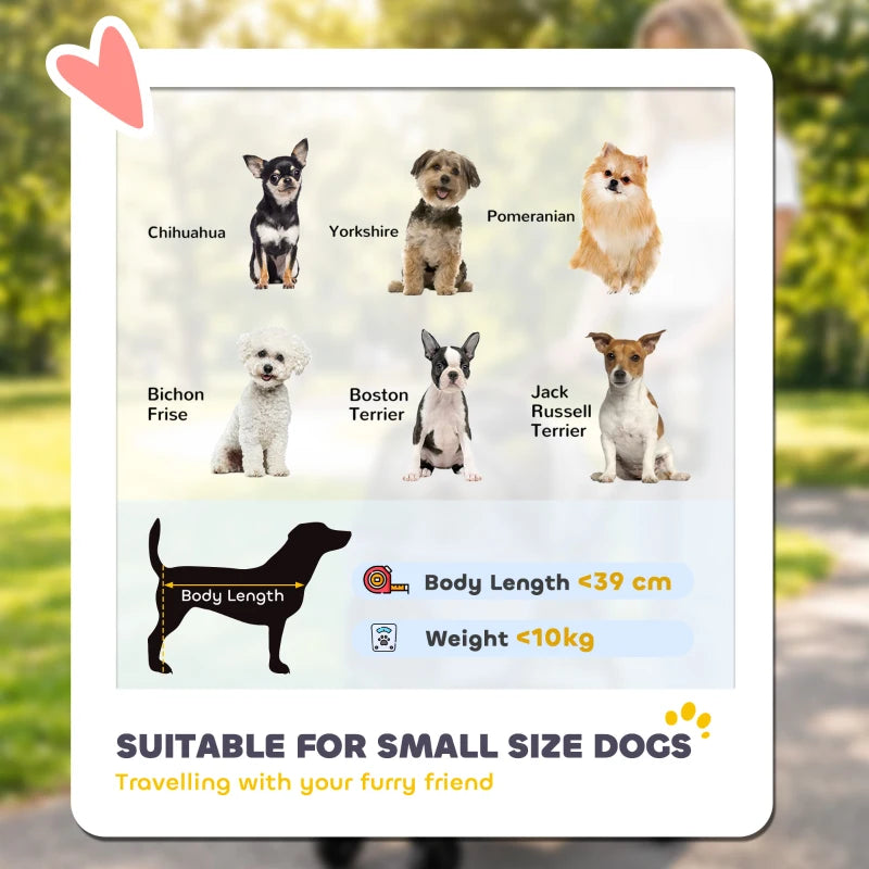 Pet stroller small-dog sizing guide graphic with breed silhouettes and body length info