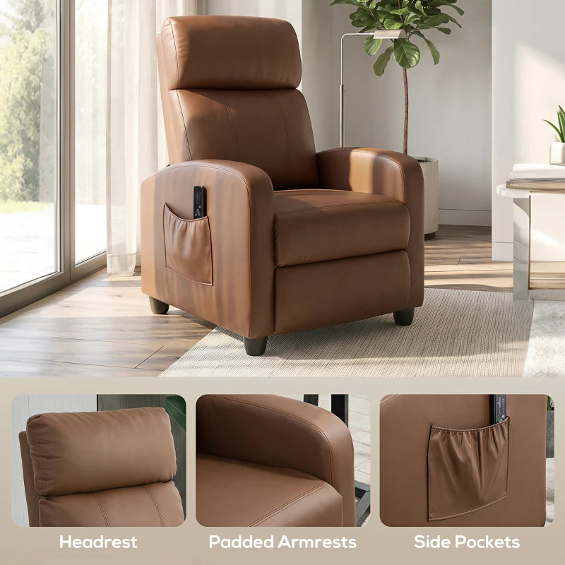 Dark brown massage recliner armchair showing headrest, padded armrests, and side pocket