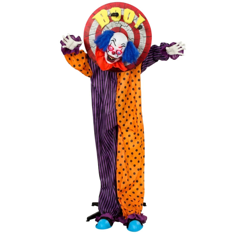 Animated clown Halloween decoration with red face, blue wig, and orange-purple striped suit