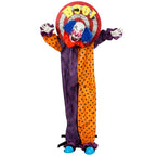 Animated clown Halloween decoration with red face, blue wig, and orange-purple striped suit