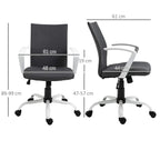 Dark grey office chair with tall back, armrests, padded seat, and wheeled white base