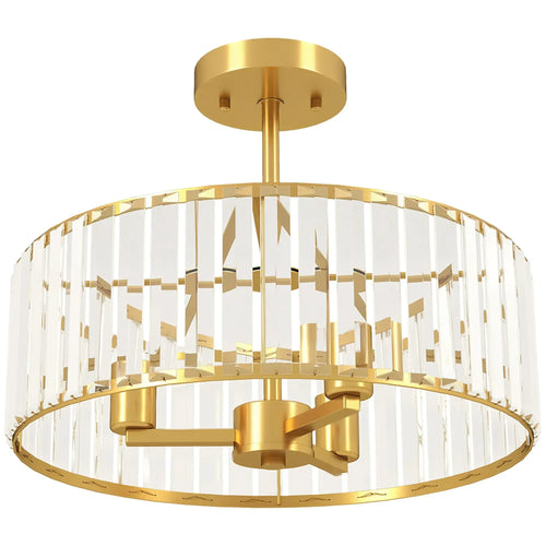 Gold-tone crystal semi-flush ceiling light fixture with chandelier-style ring and finials
