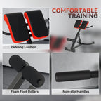 Hyperextension bench with padded back, foam foot rollers, and non-slip handles