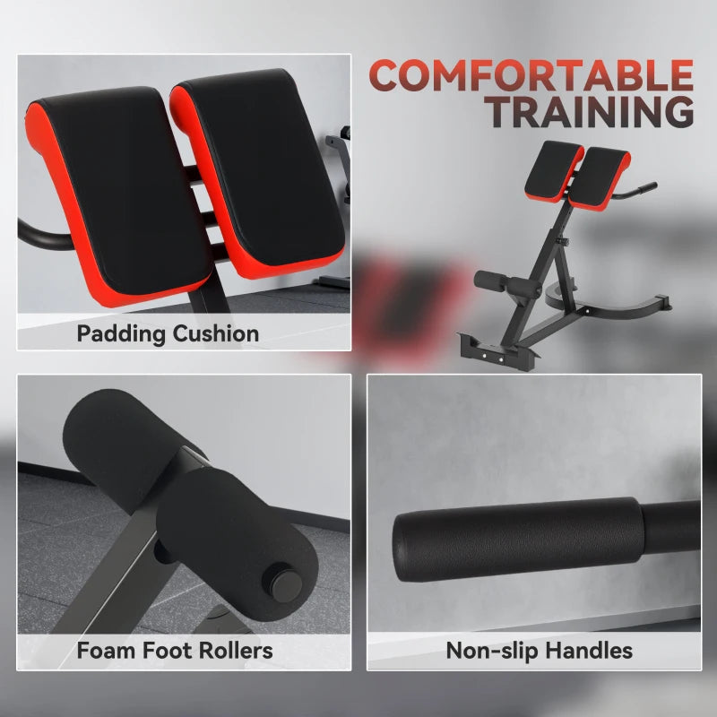 Hyperextension bench with padded back, foam foot rollers, and non-slip handles