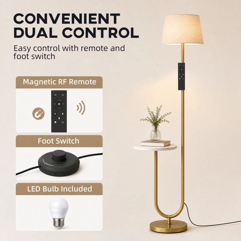 Gold-tone floor lamp with linen shade, RF remote and foot switch