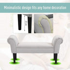Greyish white upholstered bench with rounded arms and dark legs, cushioned seat