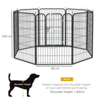 Black 8-panel metal puppy playpen with 80 cm base and 100 cm height.