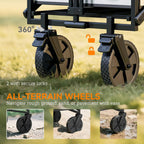 Dark grey cart wagon showing rugged all-terrain wheels and secure wheel locks