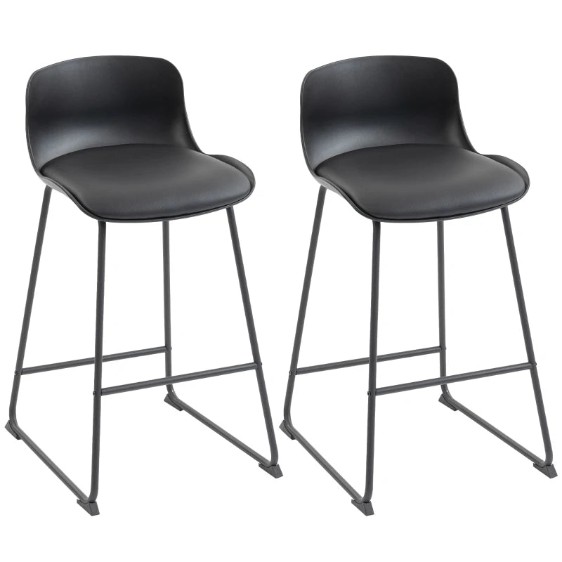 Black PU leather counter-height bar stools set of 2 with curved back and metal legs