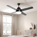 Black flush-mount ceiling fan with four dark blades and white LED globe light
