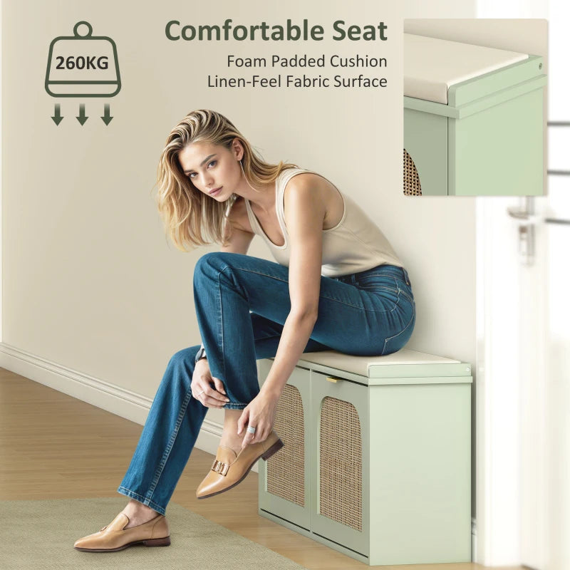 Light green shoe bench with padded foam seat cushion and two front rattan doors